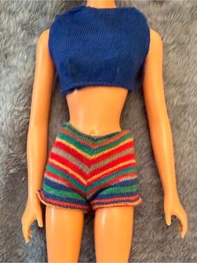 Vintage 1963 Barbie Doll Outfit Blue Crop Top & Multicolor Striped Knit Shorts